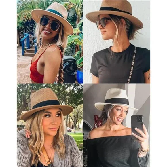 Wide Brim Straw Fedora Hat - Summer Beach Sun Hat with UPF Protection for Women